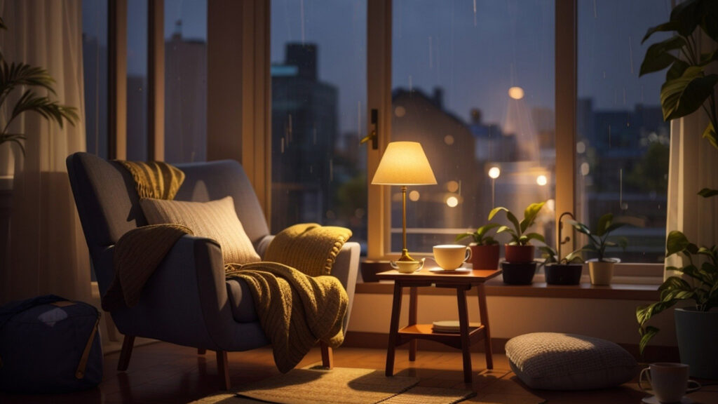 A cozy living space that one might imagine when picturing how to create a cozy home sanctuary, with warm lighting, a comfy chair with blankets and pillows, and cups of tea next to some healthy potted plants.